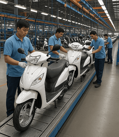 Workers assembling scooters on a factory line