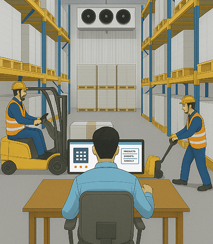Cold storage warehouse with a forklift and stock racks