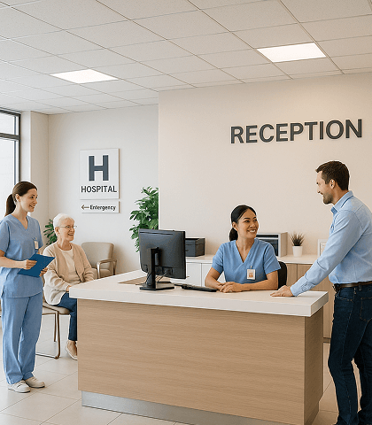 Hospital reception desk with staff and visitors