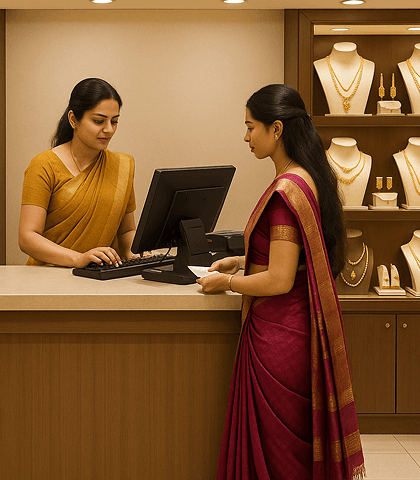 Jewellery store staff serving a customer at the counter