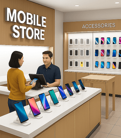 Mobile store staff helping a customer at the phone counter