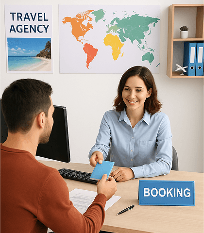 Travel agent handing a booking to a customer