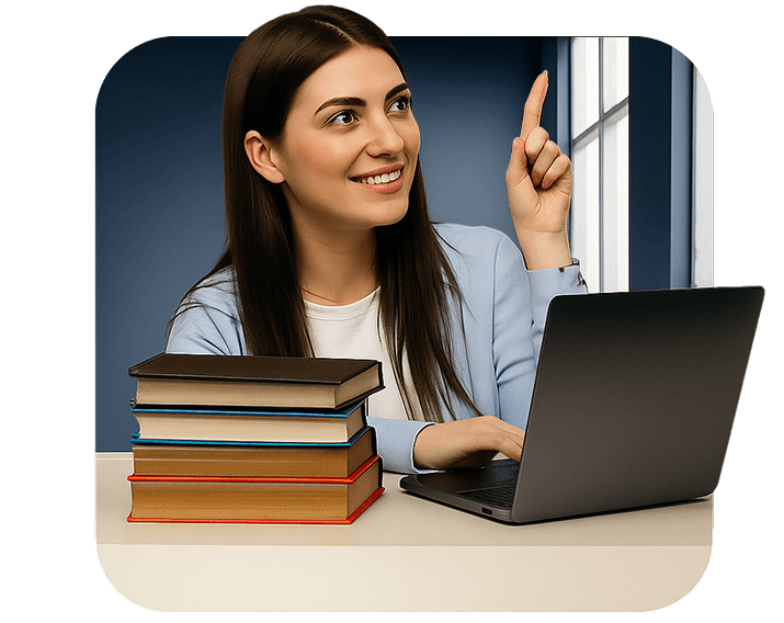Learner with a laptop and a stack of books