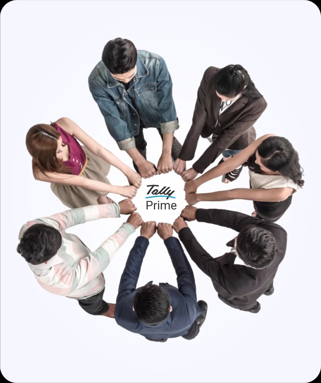 Team joining hands around the TallyPrime logo