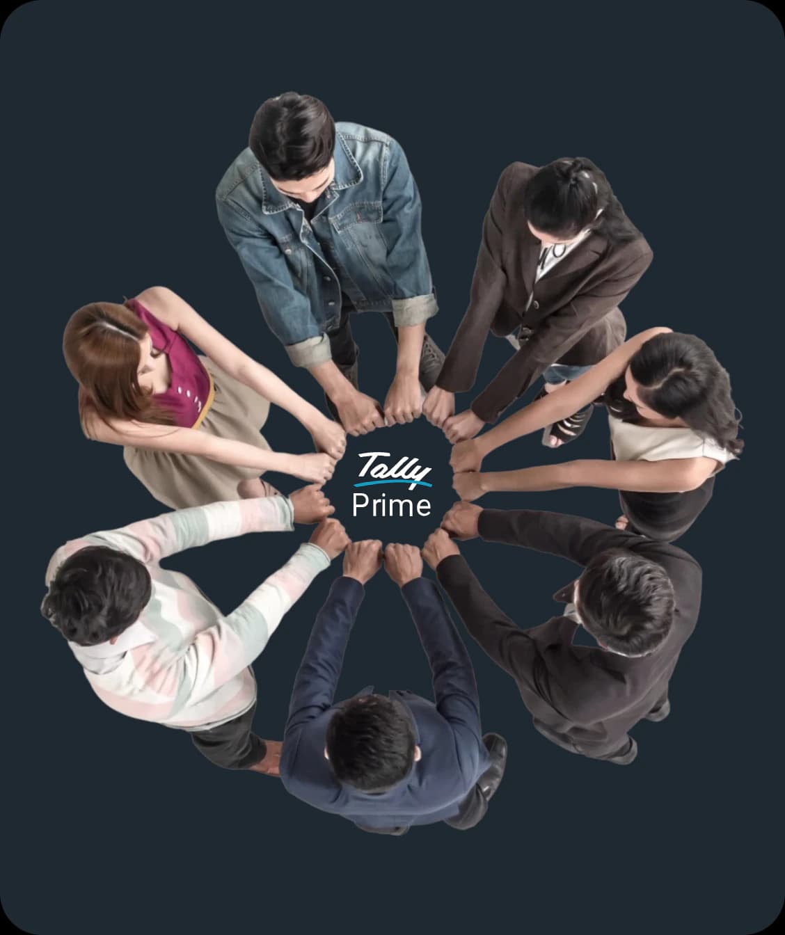 Team joining hands around the TallyPrime logo